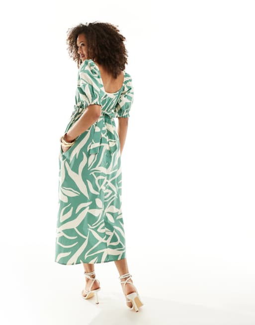 Nobody's Child - Ginger - Vestito midi verde con stampa astratta e maniche a sbuffo, 4 di 4