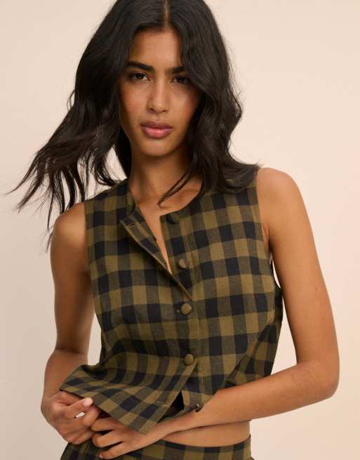 Nobody's Child Gingham button front top in green, 5 of 5