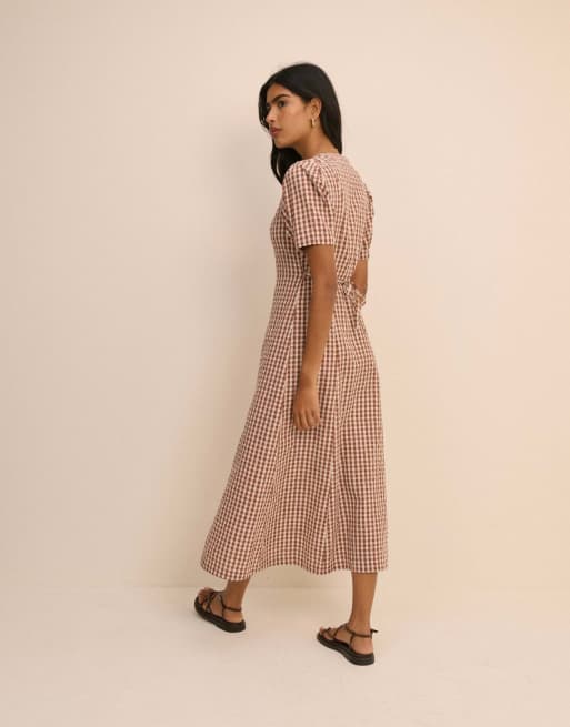 Nobody's Child Gingham button front zeyna midi dress in brown, 2 of 5