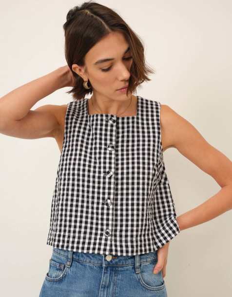 Nobody's Child Gingham cotton button front top in black - view 1