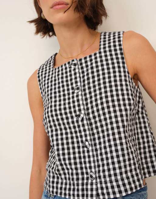 Nobody's Child Gingham cotton button front top in black, 2 of 5