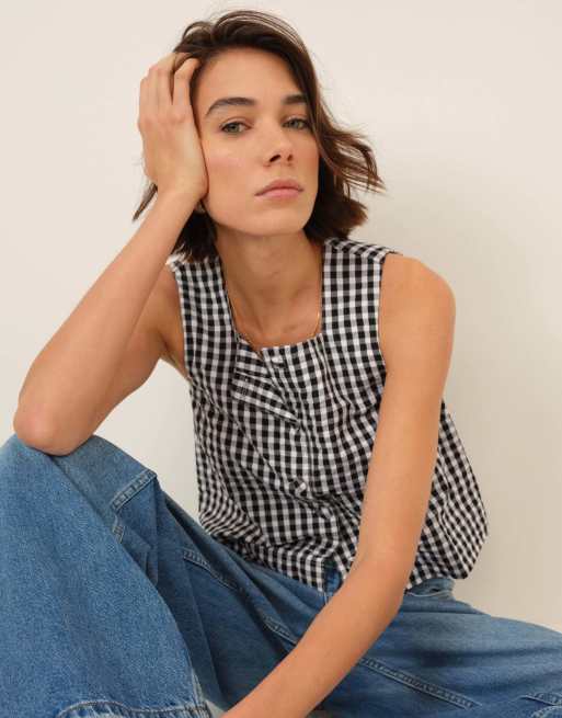 Nobody's Child Gingham cotton button front top in black, 3 of 5