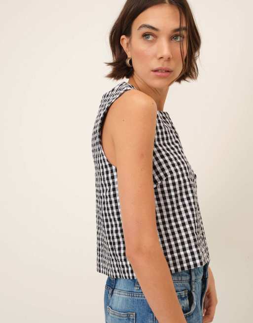 Nobody's Child Gingham cotton button front top in black, 4 of 5