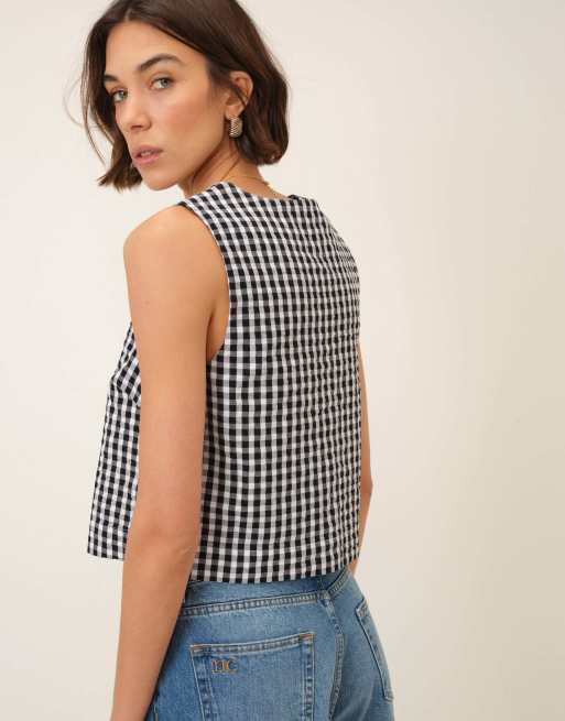 Nobody's Child Gingham cotton button front top in black, 5 of 5