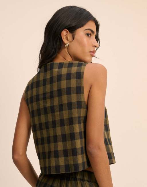 Nobody's Child Gingham cotton button front top in green, 2 of 5