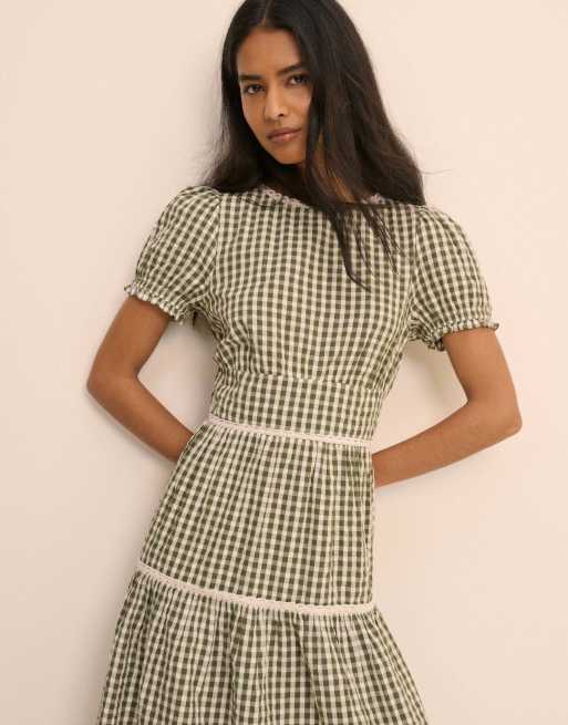 Nobody's Child Gingham cotton lace trim dara midi dress in green, 5 of 6