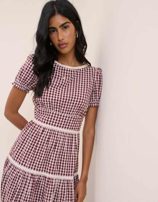 Nobody's Child Gingham cotton lace trim dara midi dress in red, 2 of 5