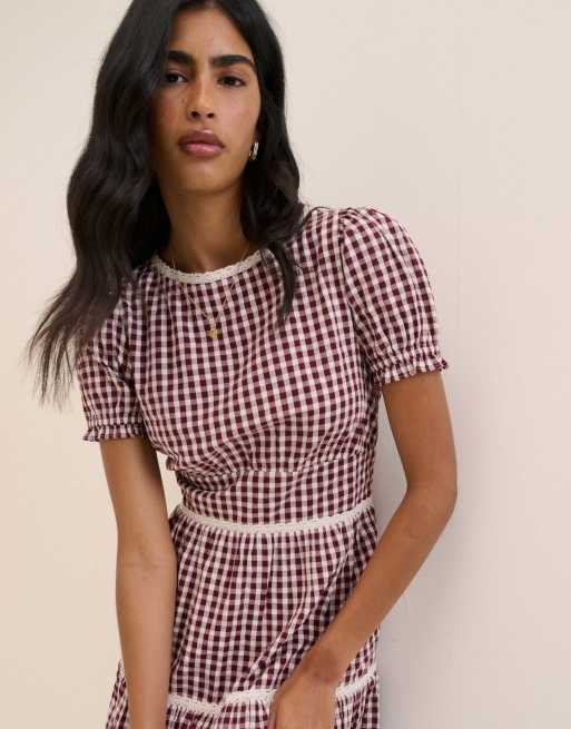 Nobody's Child Gingham cotton lace trim dara midi dress in red, 3 of 5