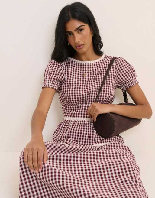 Nobody's Child Gingham cotton lace trim dara midi dress in red, 4 of 5