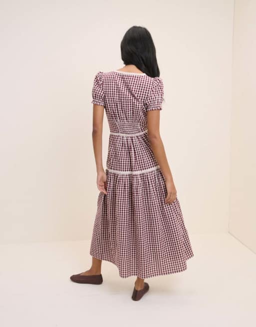 Nobody's Child Gingham cotton lace trim dara midi dress in red, 5 of 5
