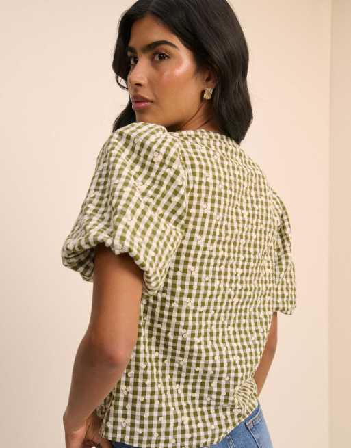 Nobody's Child Gingham embroidered puff sleeve top in green, 2 of 5