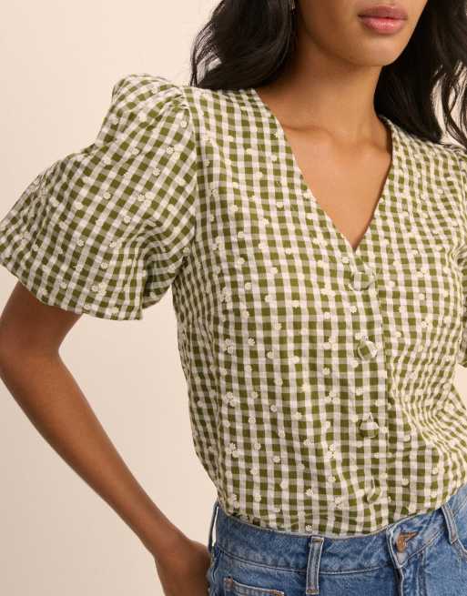Nobody's Child Gingham embroidered puff sleeve top in green, 3 of 5