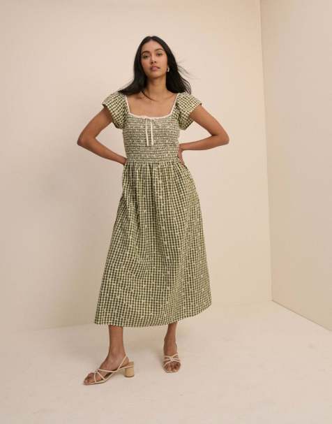 Nobody's Child Gingham embroidered shirred mindy midi dress in green - view 1