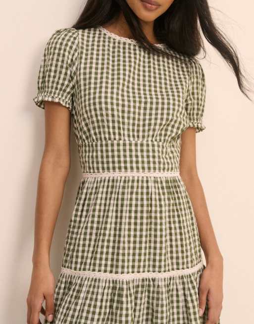 Nobody's Child Gingham lace trim dara midi dress in green, 3 of 6