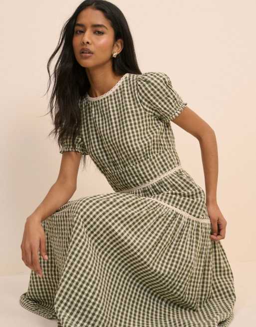 Nobody's Child Gingham lace trim dara midi dress in green, 6 of 6