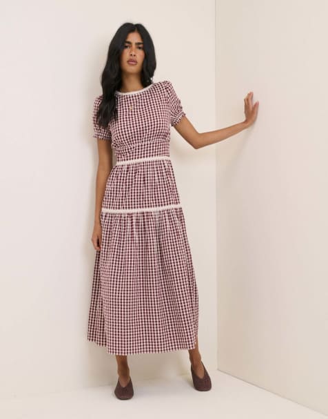 Nobody's Child Gingham lace trim dara midi dress in red - view 1