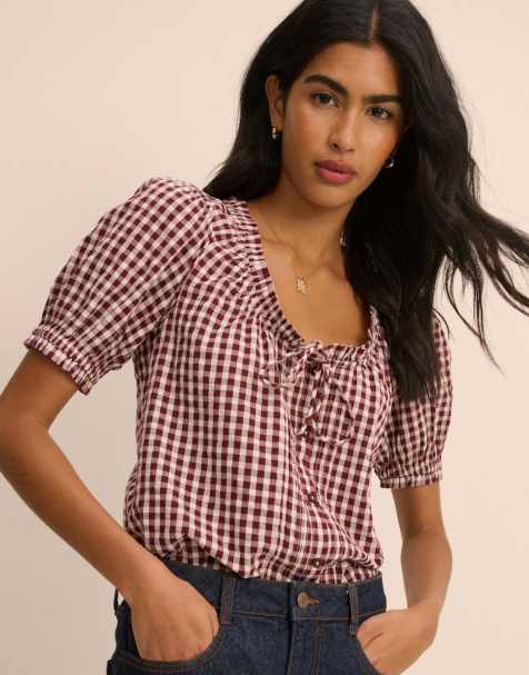 Nobody's Child Gingham puff sleeve lumi blouse in burgundy