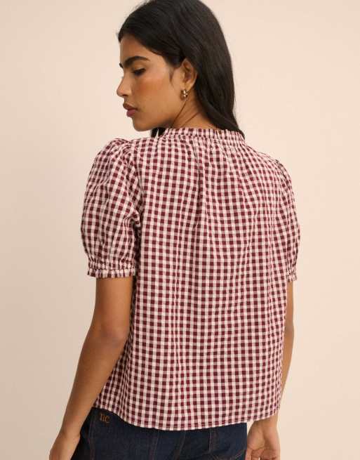 Nobody's Child Gingham puff sleeve lumi blouse in burgundy, 2 of 5