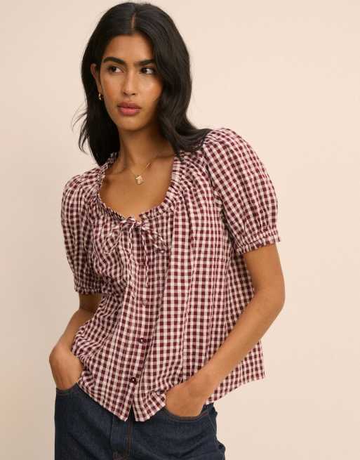 Nobody's Child Gingham puff sleeve lumi blouse in burgundy, 4 of 5