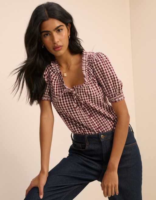 Nobody's Child Gingham puff sleeve lumi blouse in burgundy, 5 of 5