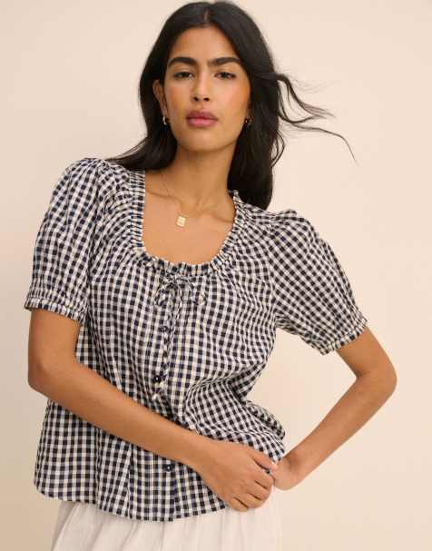 Nobody's Child Gingham puff sleeve lumi blouse in navy - view 1