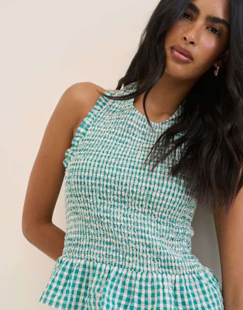 Nobody's Child Gingham shirred halterneck tizzy top in green - view 1