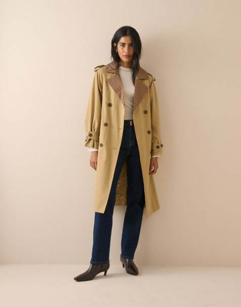 Nobody's Child Gingham trim trench coat in camel - view 1