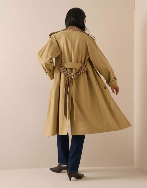 Nobody's Child Gingham trim trench coat in camel, 2 of 5