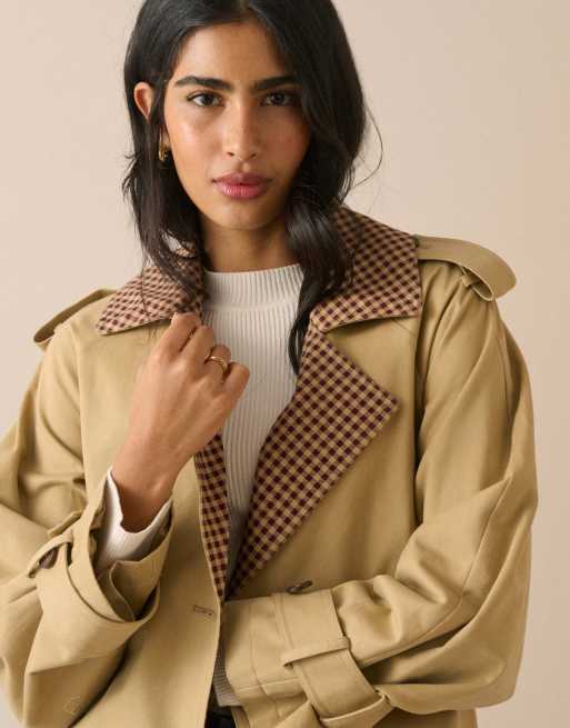 Nobody's Child Gingham trim trench coat in camel, 3 of 5