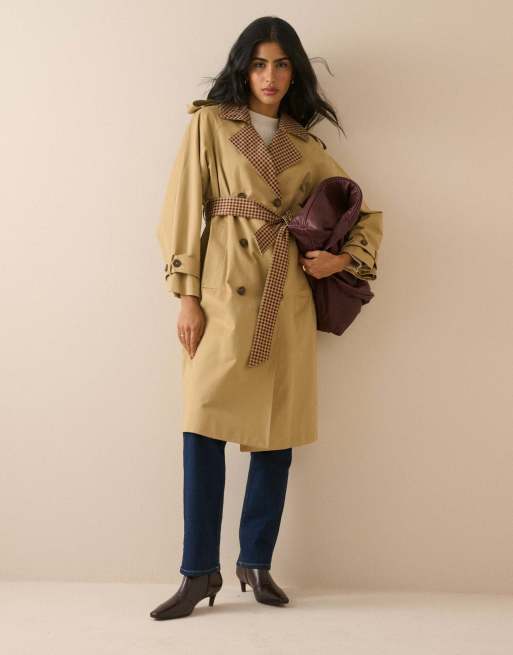 Nobody's Child Gingham trim trench coat in camel, 4 of 5