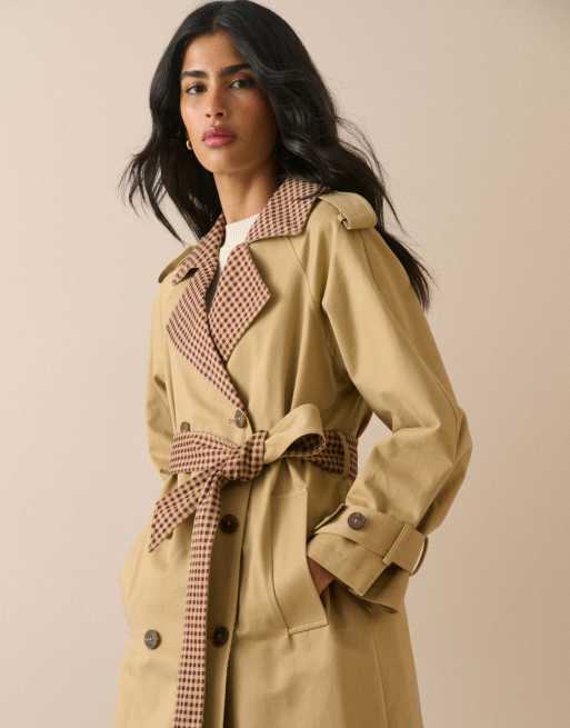 Nobody's Child Gingham trim trench coat in camel, 5 of 5