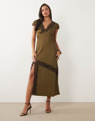 Nobody's Child Gloria Satin And Lace Mix V Neck Split Front Maxi Dress In Green