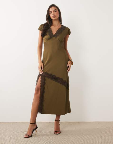 Nobody's Child Gloria satin and lace mix v neck split front maxi dress in olive - view 1