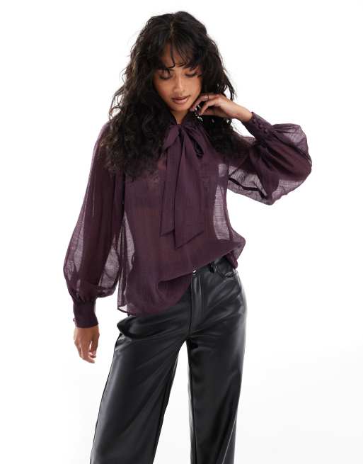 Nobody's Child - Goldie - Blusa trasparente color prugna profondo con fiocco