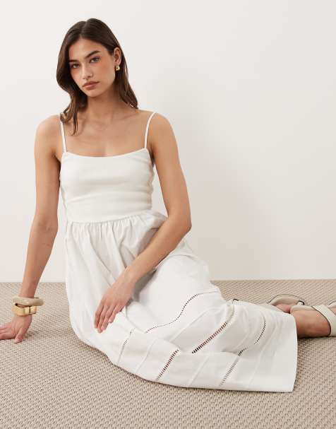 Nobody's Child Goldie cotton scoop neck cami straps bodice detail midi dress in white - view 1