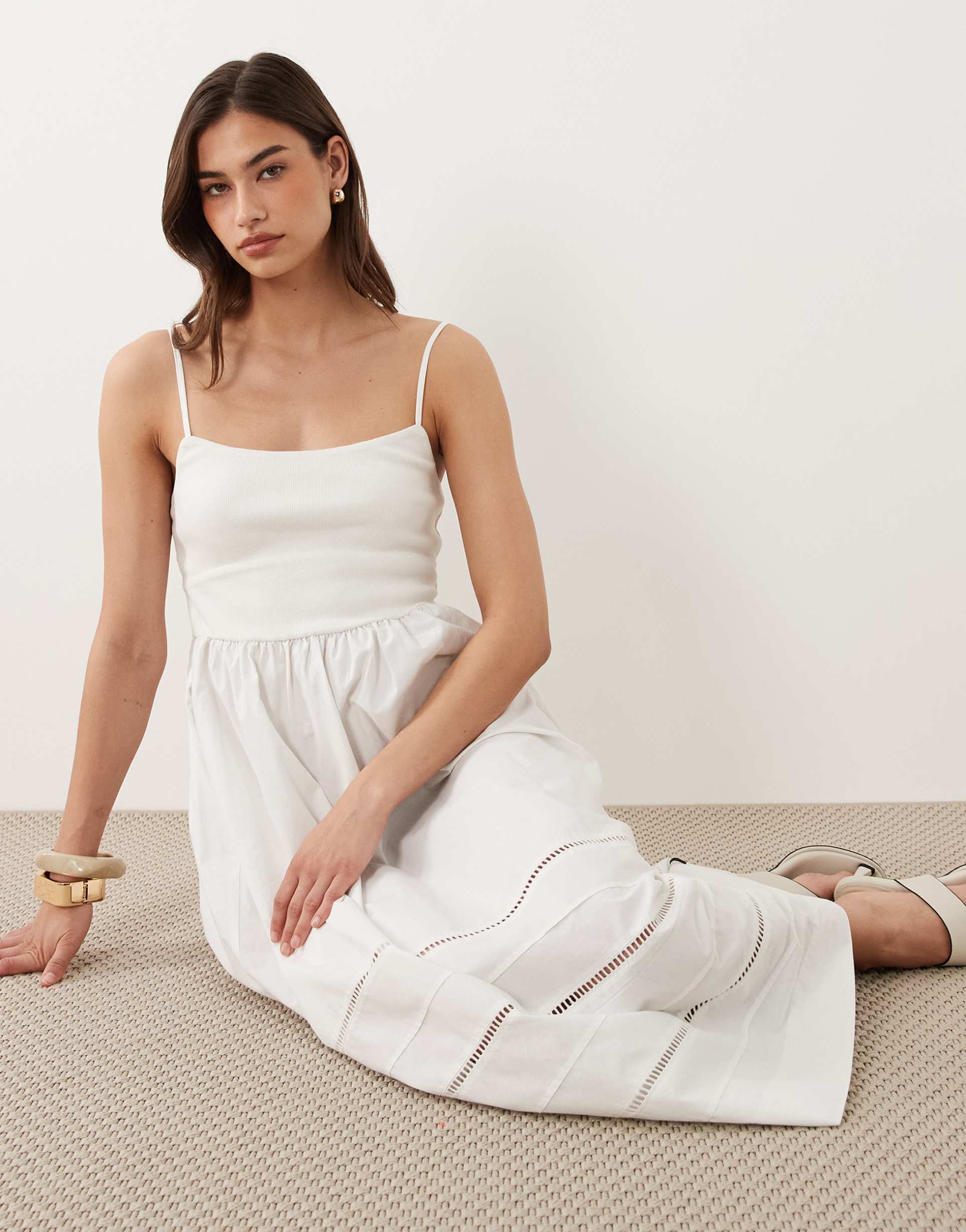 nobody's child goldie cotton scoop neck cami straps bodice detail midi dress in white