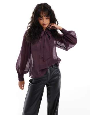 Nobody's Child Goldie Sheer Blouse With Bow Detail In Deep Plum-red