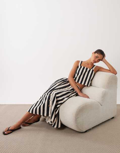 Nobody's Child - Gonna al polpaccio a vita alta in misto cotone nera a righe con bottoni in coordinato - view 1