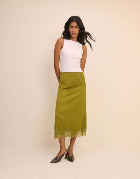 Nobody's Child Green lace trim satin midi slip skirt in green - view 1