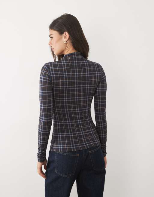 Nobody's Child grown on neck long sleeve top in blue plaid, 4 of 4