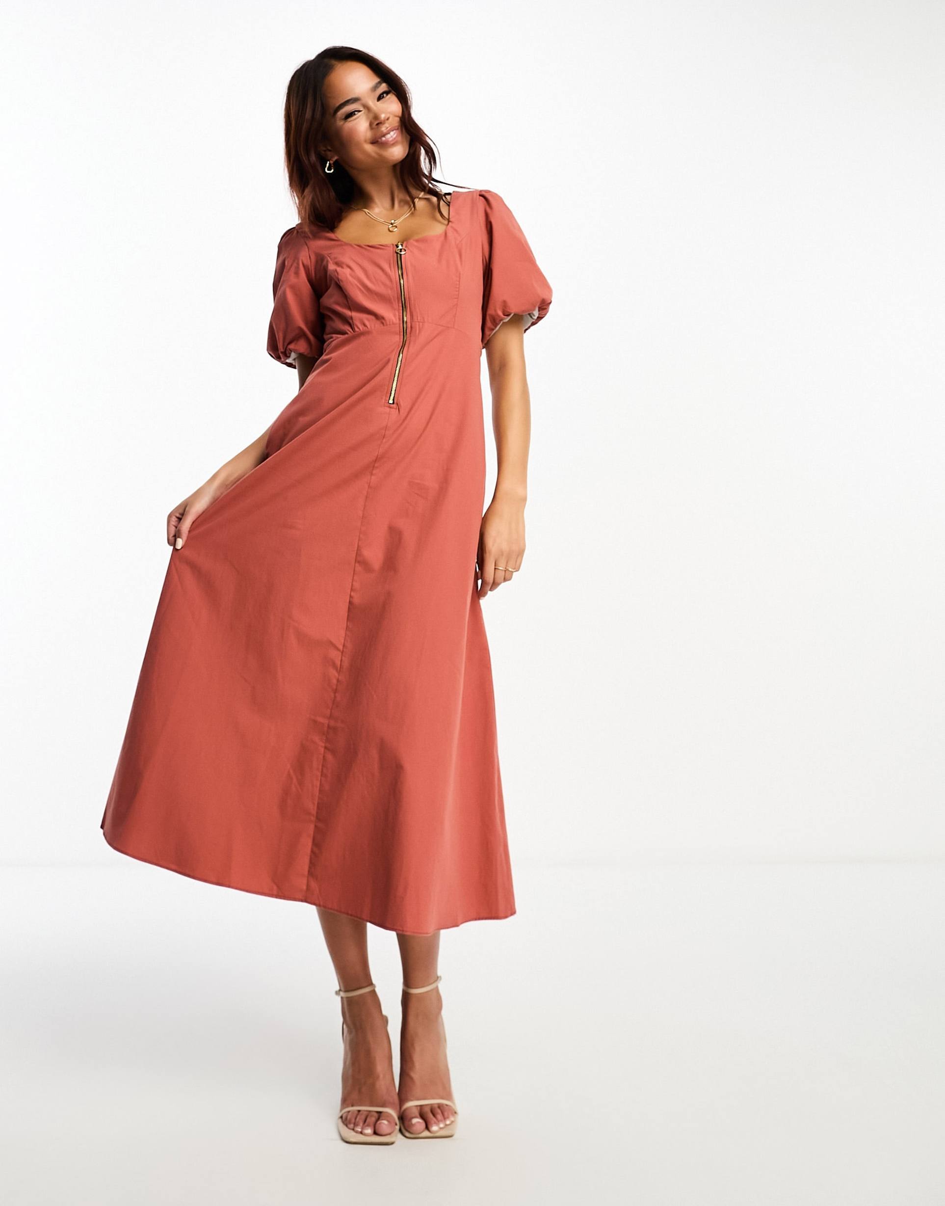 nobody's child gwen puff sleeve midi dress in soft brown