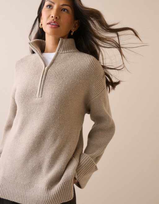 Nobody's Child Half zip chunky jumper in beige, 6 of 7