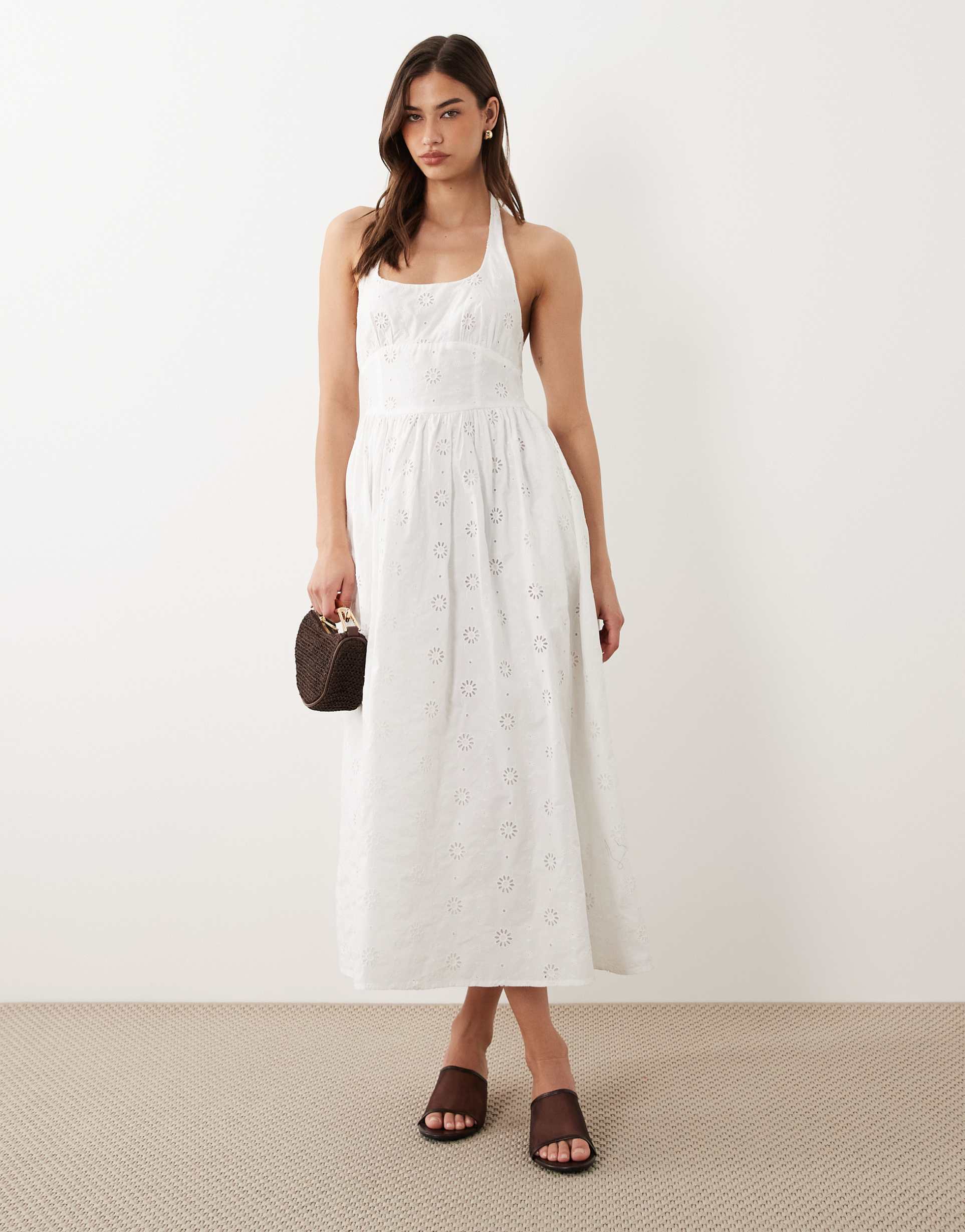 nobody's child hallie broderie halter neck a-line midi dress in white