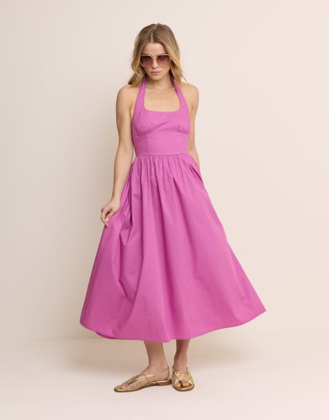Nobody's Child Hallie cotton rich halter neck ruched skirt midi dress in purple - PURPLE
