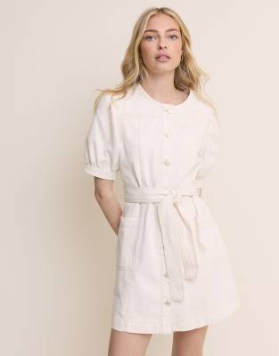 Hallie - Mini-Jeanskleid aus Baumwolle in Weiß mit Puffärmeln und Bindedetail an der Taille Weiß 34