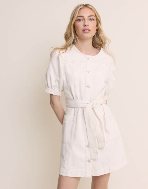 Nobody's Child - Hallie - Robe courte en denim de coton nouée à la taille avec manches bouffantes - Blanc - view 1
