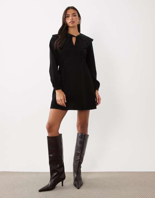 Nobody's Child Hannah cord oversized collar tie front mini dress in black, 2 of 4