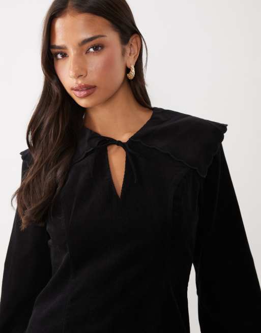 Nobody's Child Hannah cord oversized collar tie front mini dress in black, 3 of 4