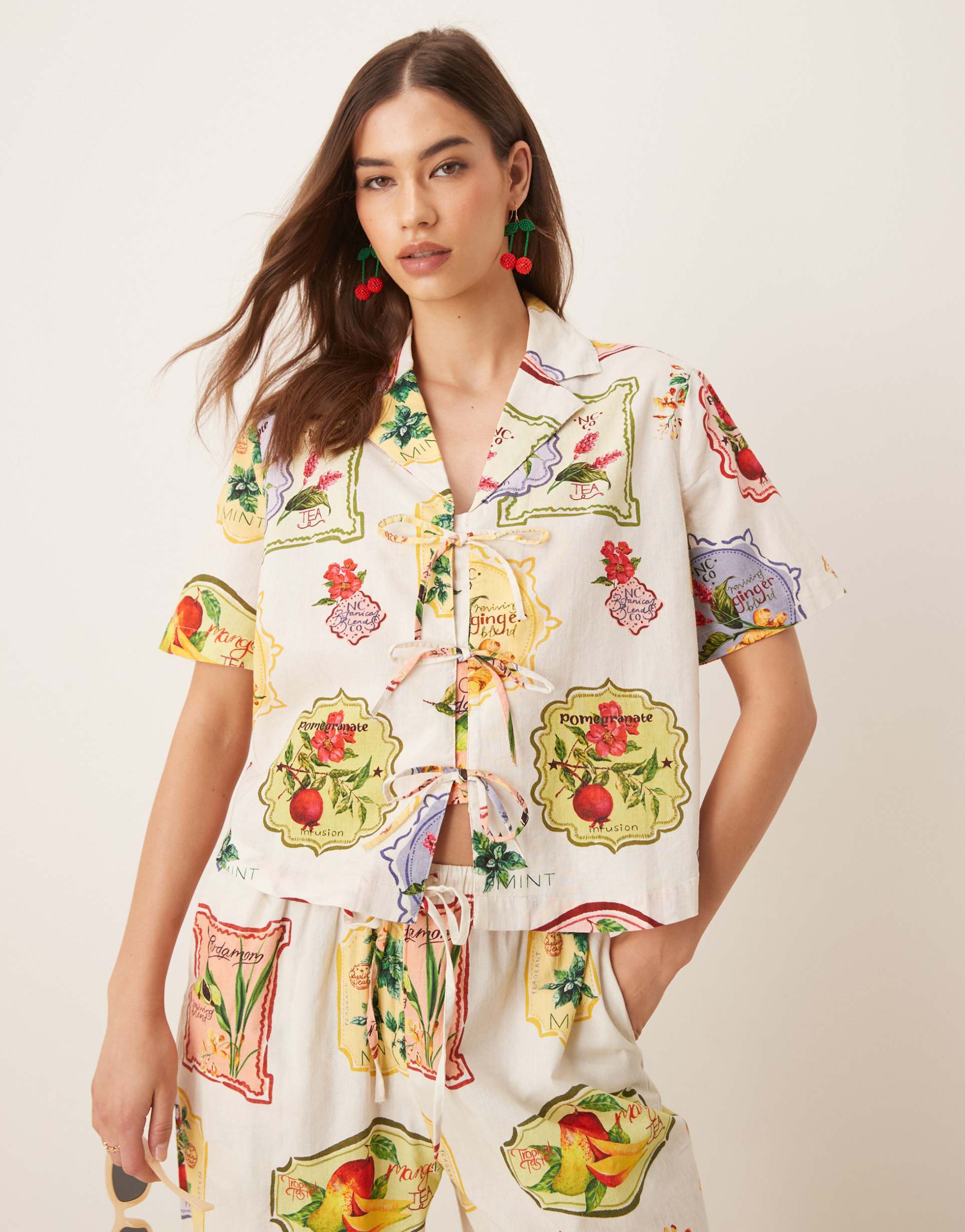 nobody's child harper tie front details shirt in postcard fruit print - part of a set