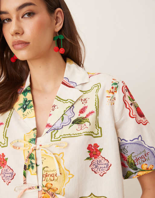 Nobody's Child Harper tie front details shirt in postcard fruit print - part of a set, 4 of 4